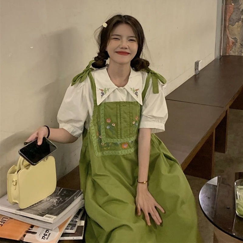 Set Áo Sơ Mi Ngắn Tay Thêu Hoa + Váy Yếm Ren Phong Cách Retro Mới Cho Nữ