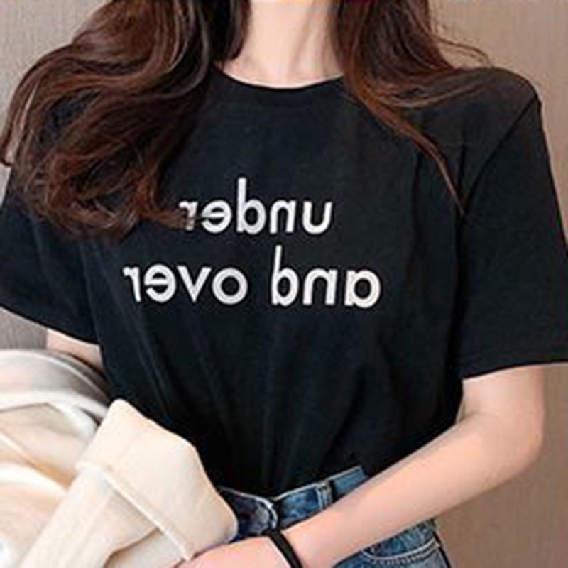 Áo thun IELGY cổ tròn ngắn tay dáng rộng in chữ phong cách Hàn Quốc thời trang hè cho nữ