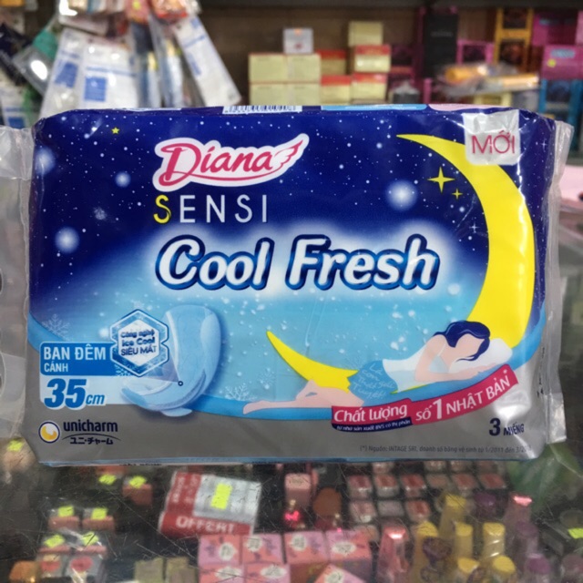 Băng vệ sinh Diana Sensi Cool Fresh ban đêm - có cánh 3 miếng 35cm