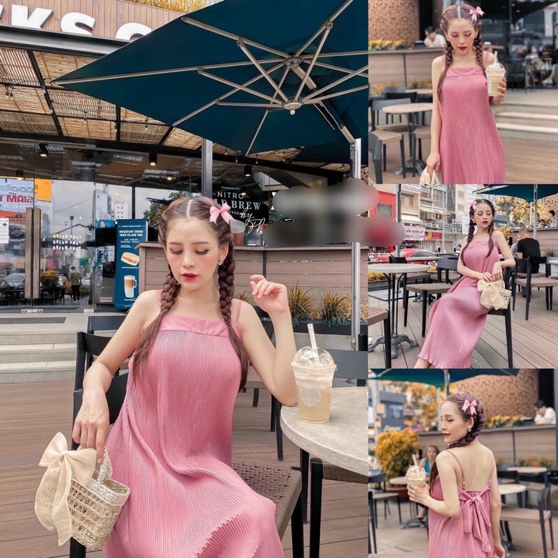 Đầm dập ly 2 dây cột nơ sau lưng dáng suông _hình thật.