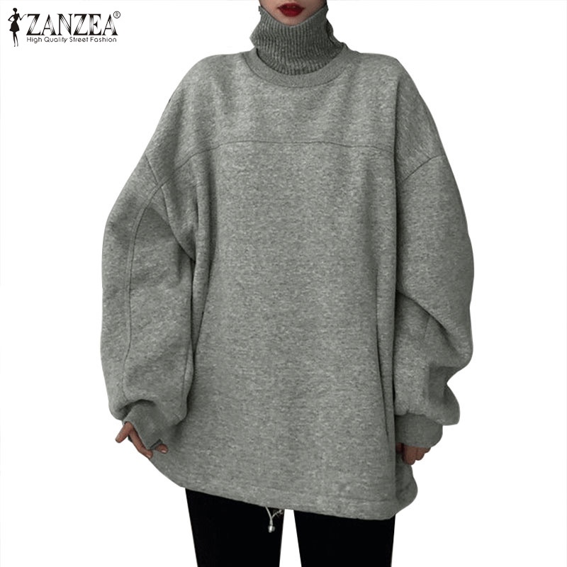 Áo sweater ZANZEA cổ cao tay màu dáng rộng màu trơn phối túi bên hông thời trang cho nữ