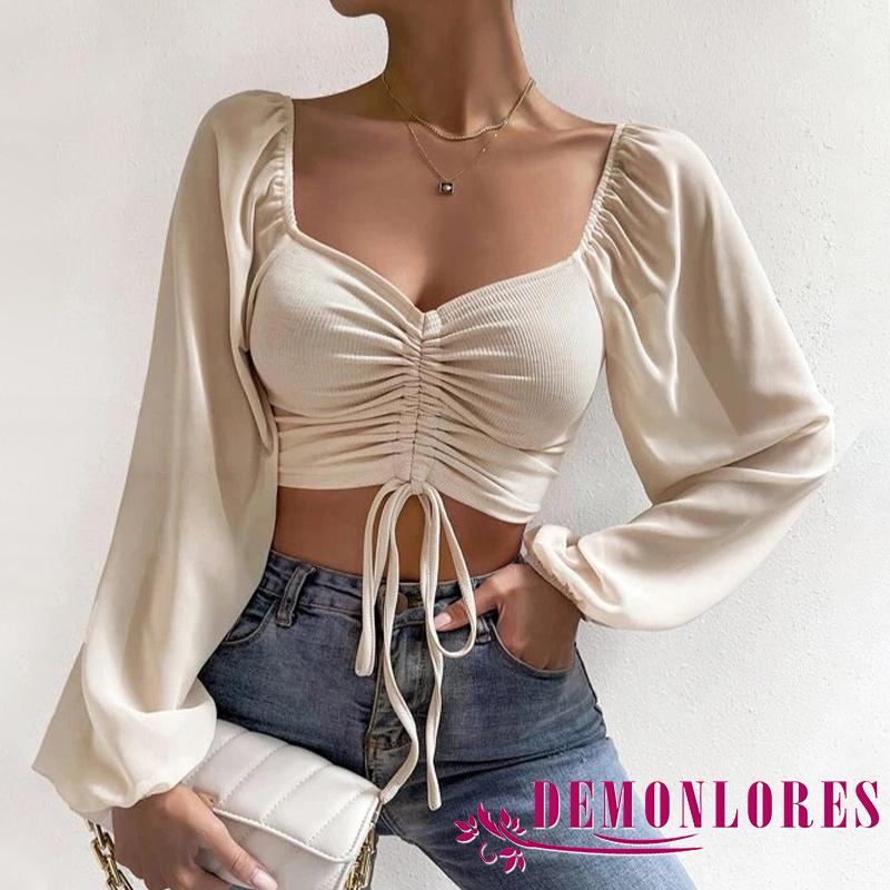 Áo Croptop Dệt Kim Ôm Dáng Tay Phồng Dài Cổ Chữ V Màu Trơn Phối Dây Rút Thời Trang Cho Nữ