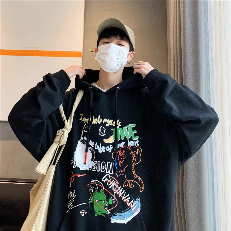 Áo khoác hoodie thể thao tay dài dáng rộng lót nhung in hình quái vật graffiti thời trang cho cặp đôi
