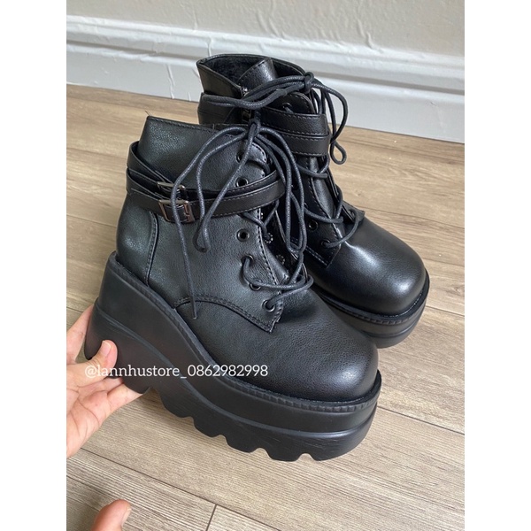 Giày Boot độn đế cổ cao mắt cá chân đan dây- 2 màu