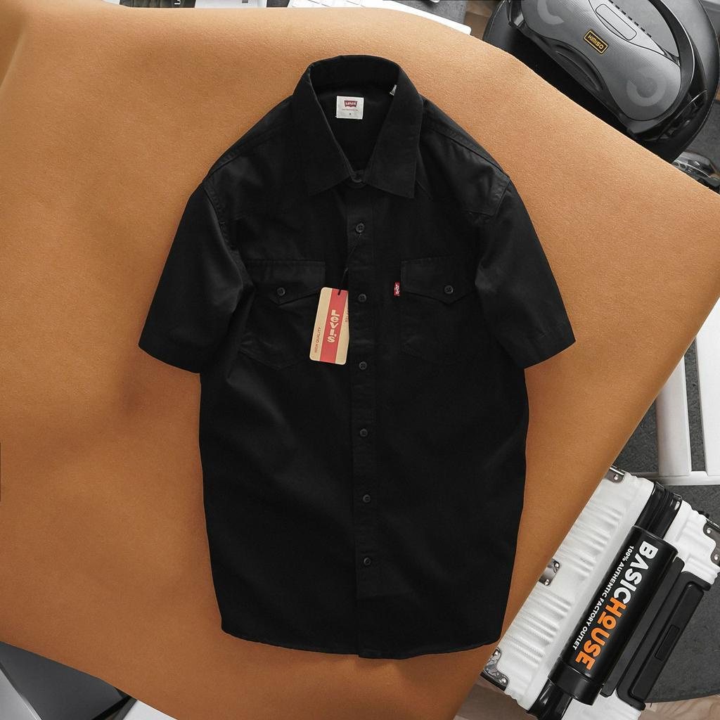 Áo sơ mi tay ngắn L.V, sơ mi nam dài ngắn chất vải mềm mịn sang trọng thanh lịch màu xanh rêu, đen - Basichouse