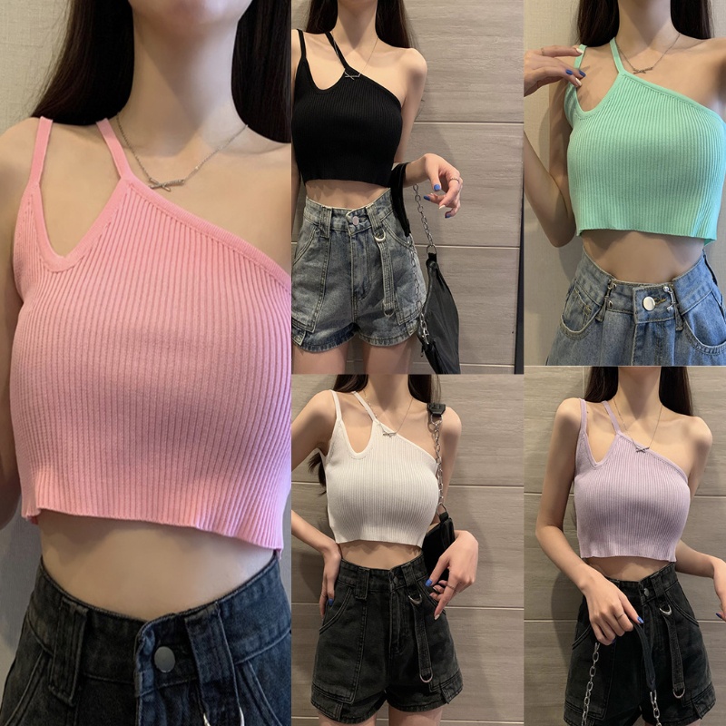 Youyo Áo Tank Top Dệt Kim Lệch Vai Màu Trơn Gợi Cảm Mùa Hè Cho Nữ