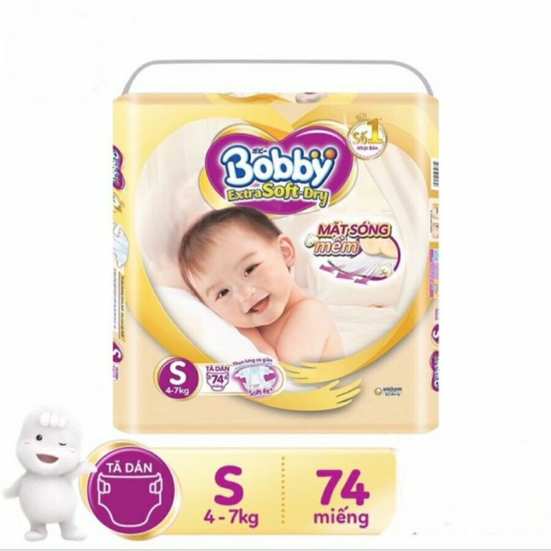 Tã dán cao cấp bobby extra soft dry S74/M64/L58/XL52