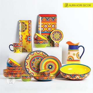 [SẴN HÀNG] Bộ bát đĩa gốm mỹ nghệ vẽ tay - Họa tiết thổ cẩm lòng vàng cổ điển Indochine Việt Nam