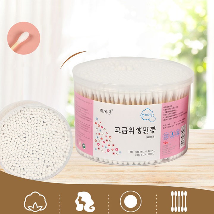 Hộp 500 tăm bông ngoáy tai Hàn Quốc 2 đầu tròn tiện dụng cotton 100% Thân Gỗ youngcityshop 30.000