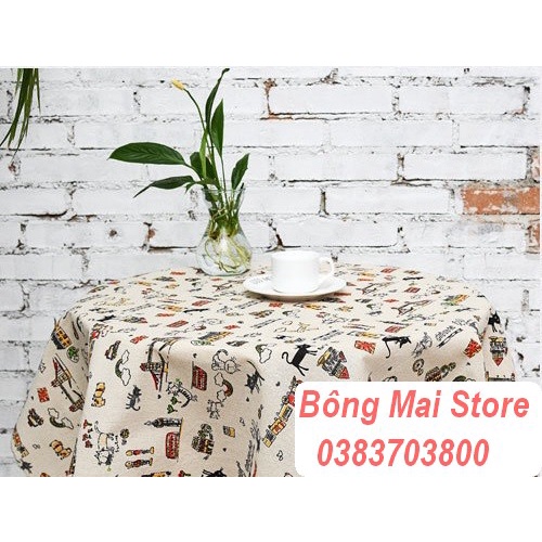 [110*160cm] Khăn trải bàn vải canvas VIỀN REN họa tiết MÈO PHÁP phong cách Nhật Bản nhẹ nhàng vintage [T005]