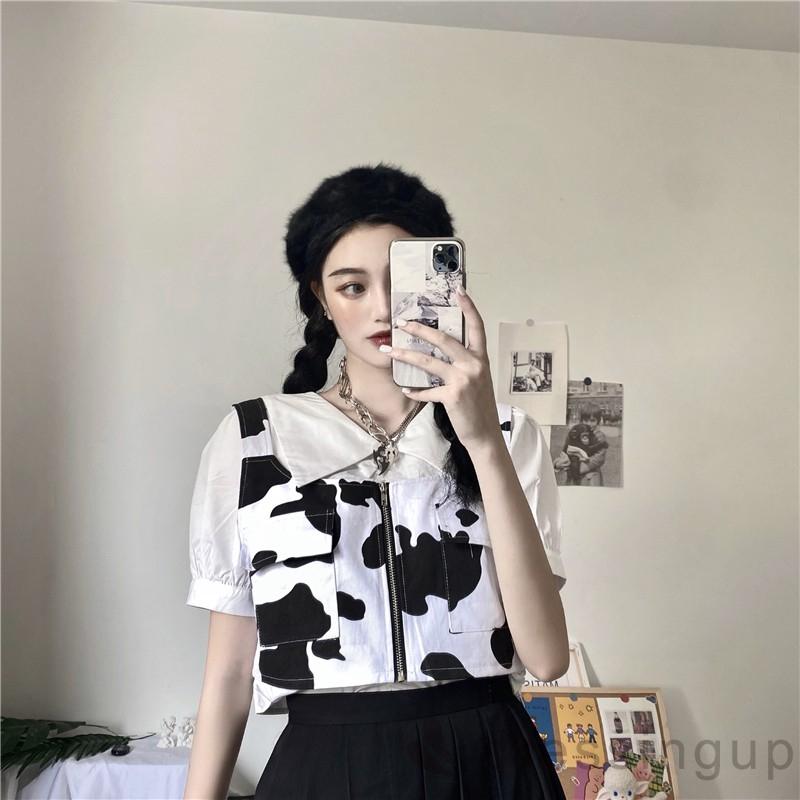 Áo Croptop Sát Nách Dáng Rộng In Họa Tiết Bò Sữa Phối Khóa Kéo Cá Tính Cho Nữ | BigBuy360 - bigbuy360.vn