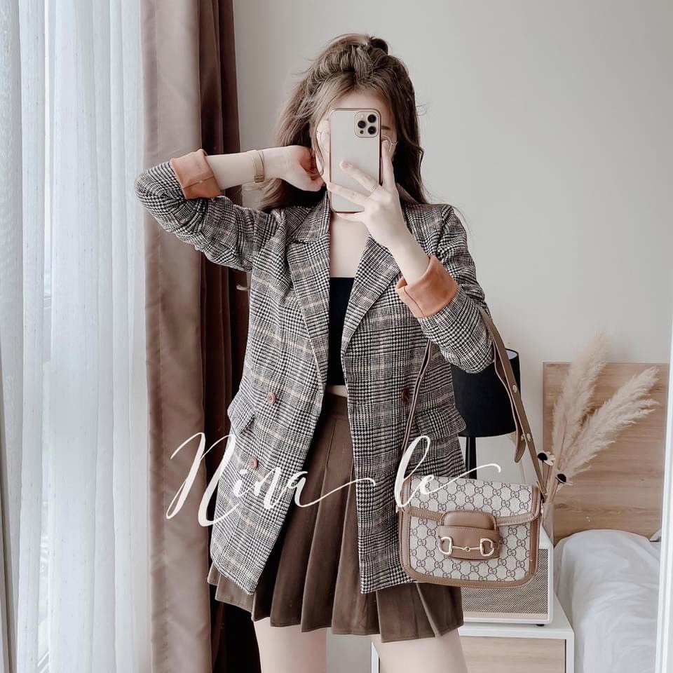 Set áo vest dạ kẻ mix chân váy xếp li ngắn