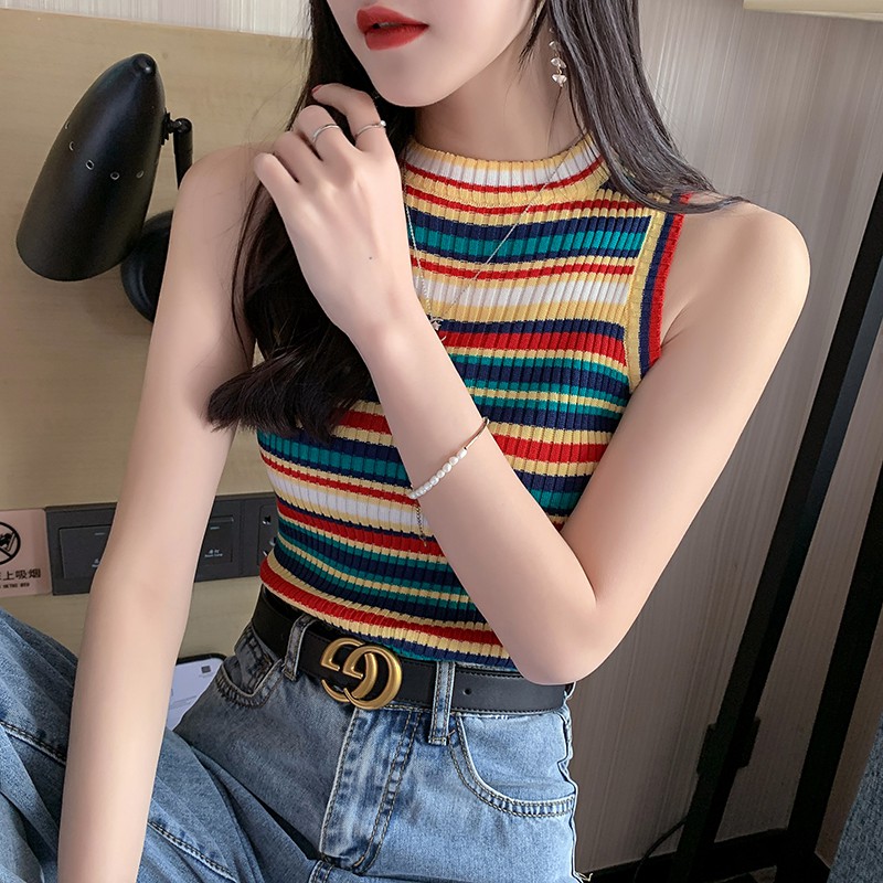 Áo không tay họa tiết kẻ sọc màu cầu vồng kiểu dáng thời trang quyến rũ cho nữ | BigBuy360 - bigbuy360.vn