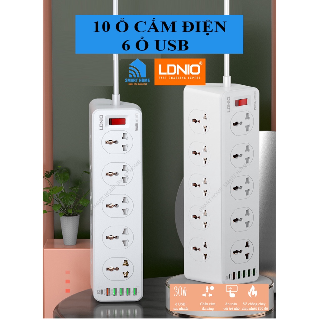 Ổ cắm điện đa năng LDNIO chính hãng, 10 ổ cắm điện, 6 usb sạc nhanh PD 30W, dây 2m