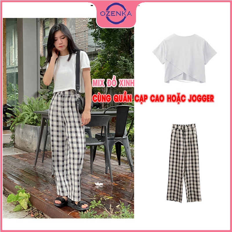 Áo croptop cộc tay lưng đắp chéo OZENKA , áo crt hở lưng 2 lớp chất thun gân 100% cotton đen trắng size dưới 50kg