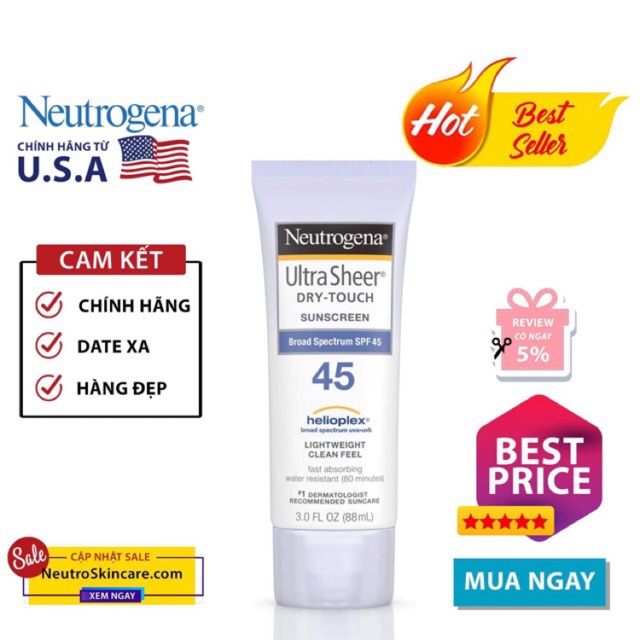 [FREESHIP TỪ 50K -Auth]Kem chống nắng Neutrogena Ultra Sheer SPF 45