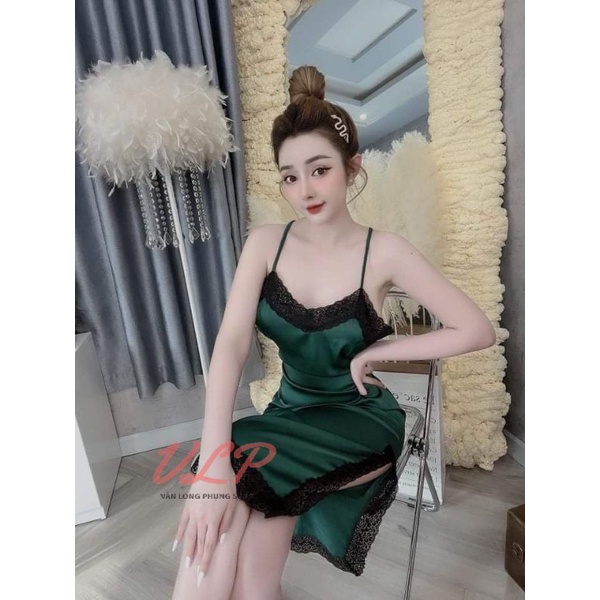 [BIGSIZE_65KG]_DN110_Váy ngủ lụa dài phối ren có mút ngực, đan dây lưng, xẻ tà sexy