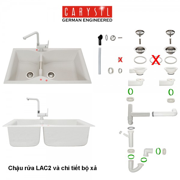 Chậu rửa chén đá CARYSIL LAC2 , công nghệ Đức, bảo hành 05 năm