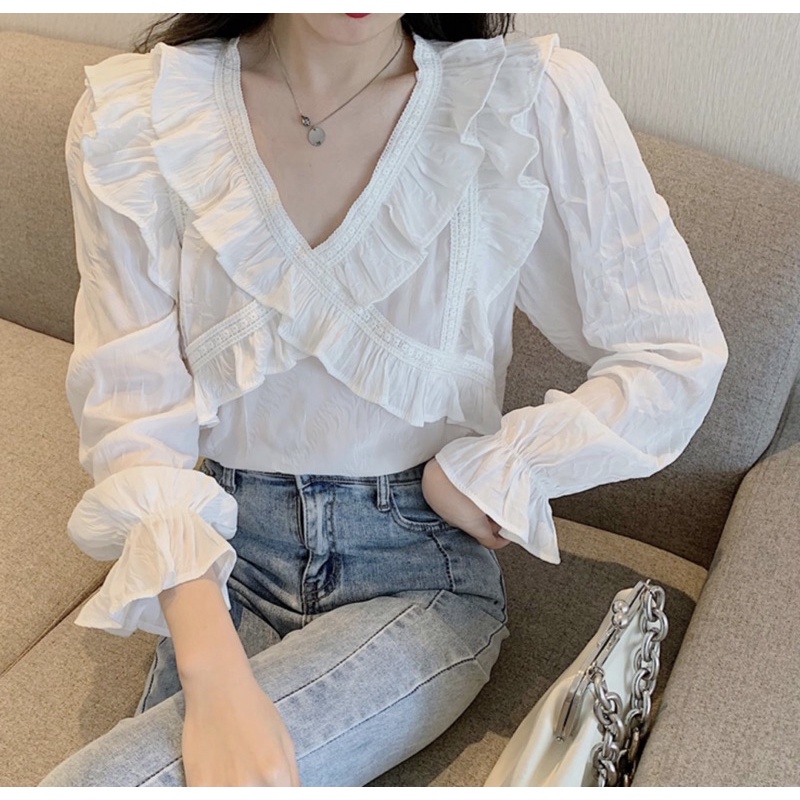 Áo sơ mi trắng nữ kiểu phối bèo dài tay loe bo chun cách điệu Hàn Quốc