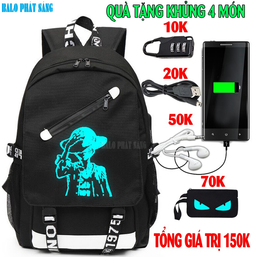 Balo nam nữ đi học phát sáng dạ quang hình Luffy cá tính TẶNG (Cáp USB+Khóa số+Tainghe+Ví) - Cặp đi học HOT nhất 2021
