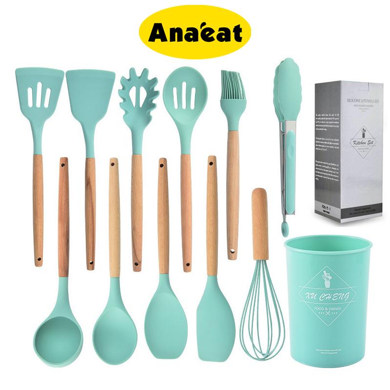 Set 12 dụng cụ nấu ăn ANAEAT silicone chống dính tay cầm bằng gỗ sử dụng trong nhà bếp