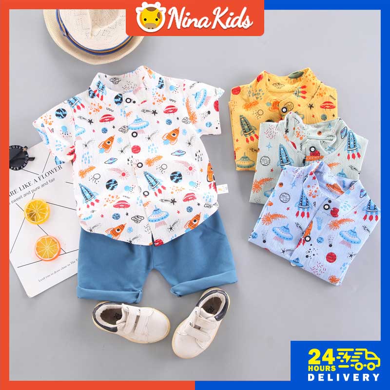 Bộ áo sơ mi phối quần short  in họa tiết hoạt hình dễ thương cho bé trai từ 0 - 4 tuổi