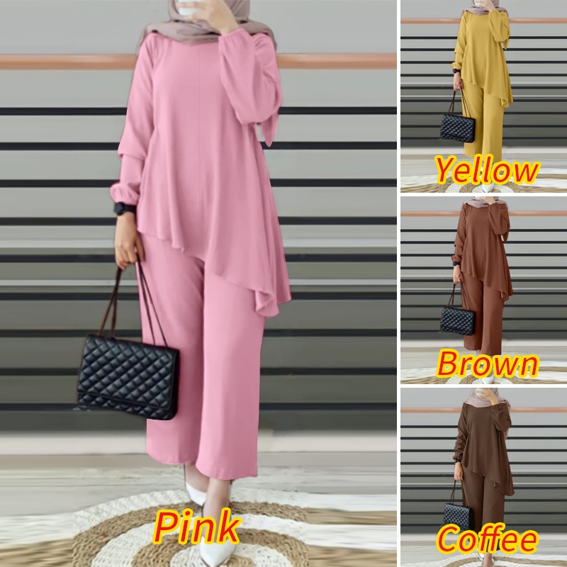 Zanzea Bộ Áo Tay Phồng Màu Trơn Phối Quần Dài Ống Rộng Lưng Thun Thời Trang Cho Nữ