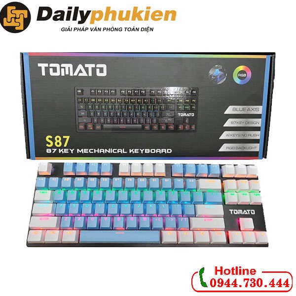PHÍM CƠ TOMATO s87 MÀU XANH TRẮNG, PHÍM cơ mini TKL87 bảo hành 2 năm
