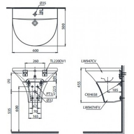 Chậu Lavabo TOTO LHT947CS Treo Tường Chân Ngắn