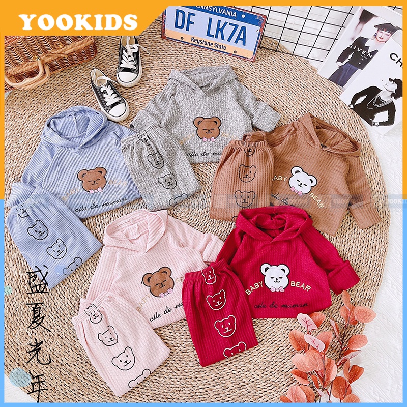 Bộ thu đông cho bé YOOKIDS chất tổ ong mềm nhẹ in hình gấu, Đồ bộ cho bé trai bé gái 1 2 3 4 5 tuổi
