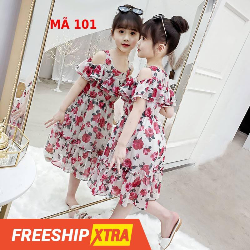 Đầm bé gái maxi trễ vai cao cấp mã 101, voan mềm mịn cho bé gái 13kg-50kg