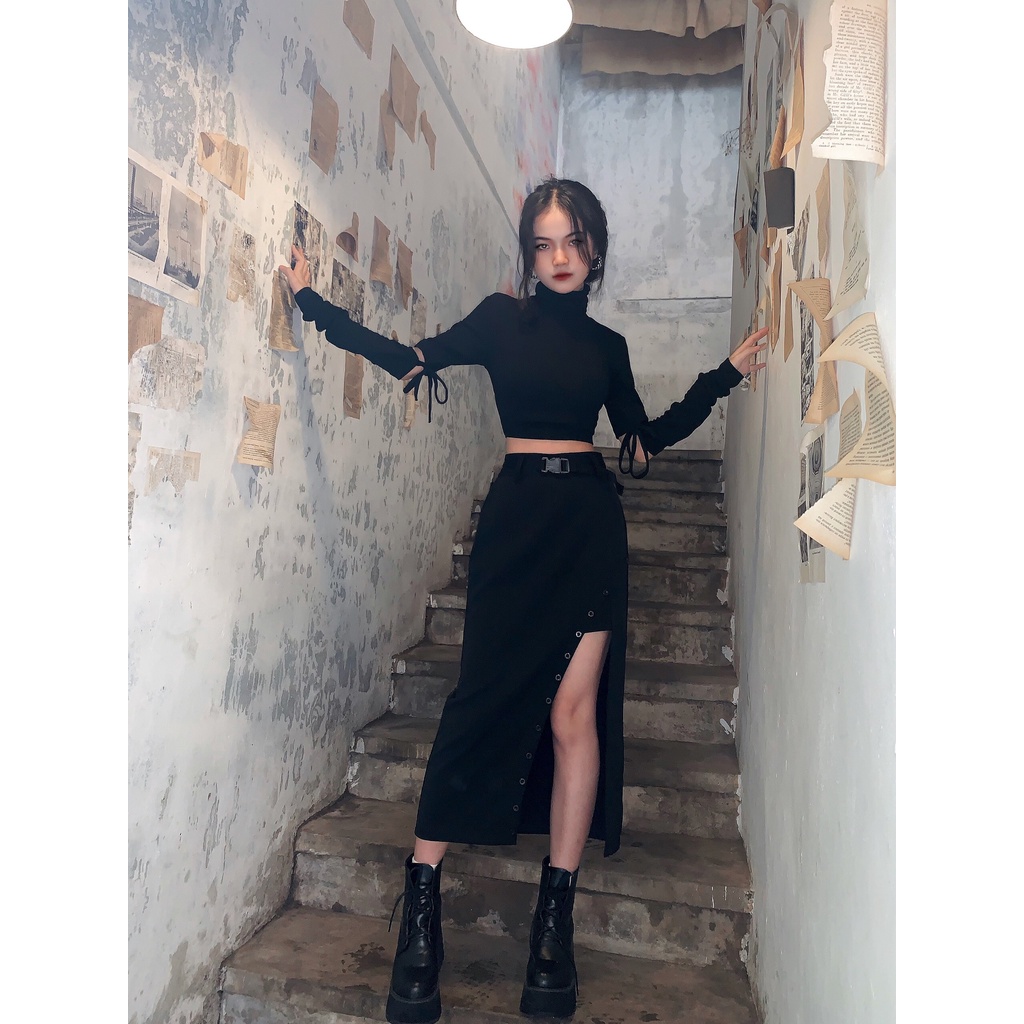 Áo croptop gân len cổ cao tay thắt dây ulzzang