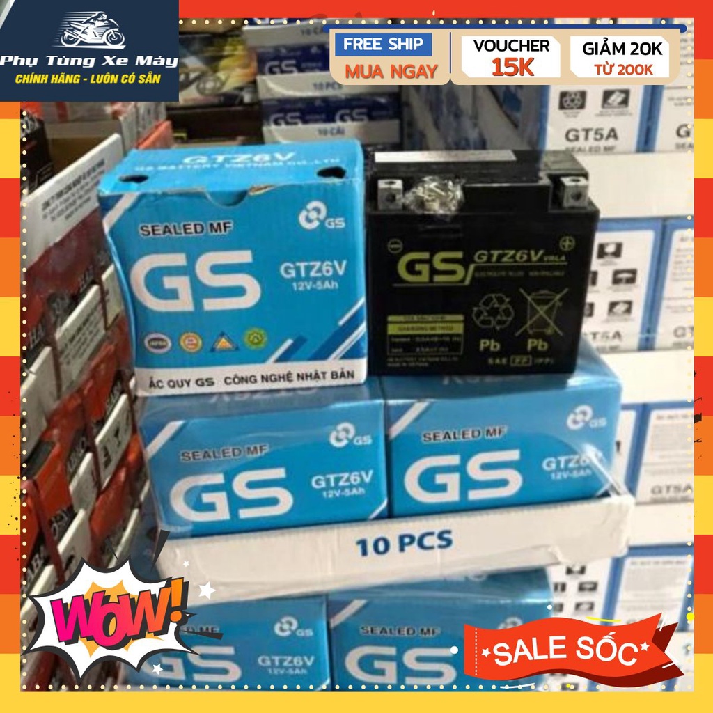 Bình Ắc Quy Khô GS GTZ6V (12V-5Ah) - Dành cho xe tay ga Honda, Yamaha..., Hàng mới, giá rẻ do shop là đại lý