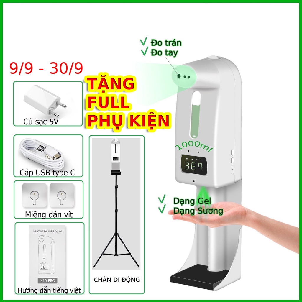 Máy đo thân nhiệt tự động tích hợp rửa tay khử khuẩn. Thiết bị K10 PRO đo trán, đo tay độ chính xác cao.