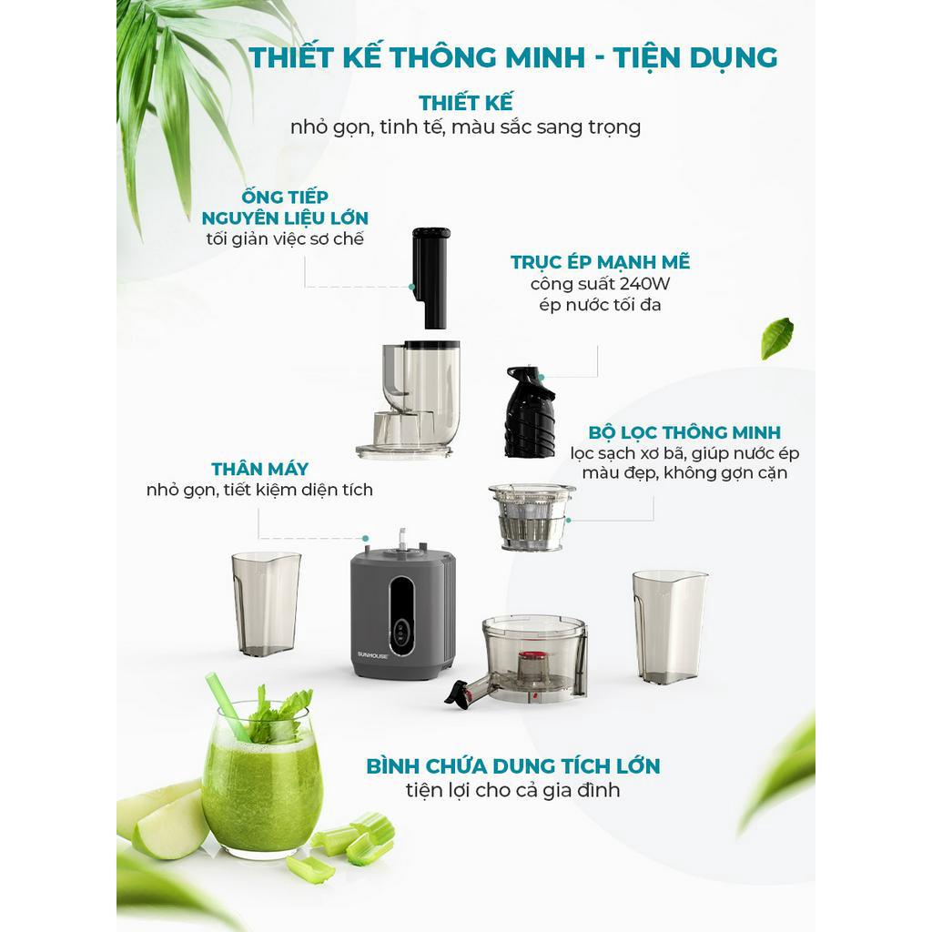 Máy ép chậm Sunhouse SHD5503, Công suất 240W, Dung tích 800ml, Động cơ êm ái, Công nghệ lưới lọc Puremax, BH 12 tháng