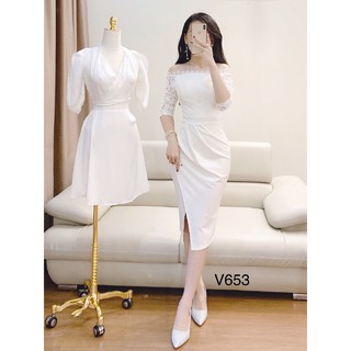 Đầm ren trễ vai V653 trắng tinh khôi Mabizstore kèm ảnh thật