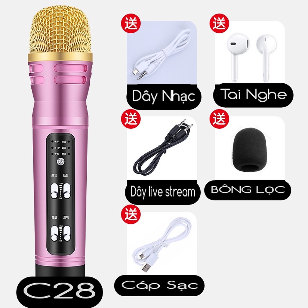 Micro Thu Âm C28 Bluetooth. Kiểu Dáng Nhỏ Gọn, Hát Livestream, Karaoke, Giả Giọng Người Già, Trẻ Em, Chế Độ Autotune
