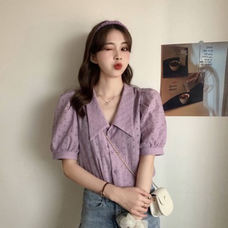Áo sơ mi kiểu Pháp tay bồng hàng đầu cho nữ thiết kế chất boi thêu rỗng mát mẻ PinkLink