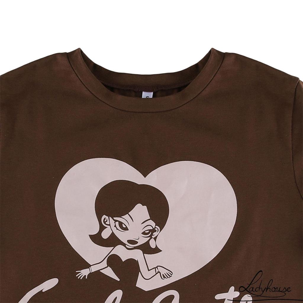 LD-Women Crop Shirt, Short Sleeve Round Neck Wrapped Elastic Tops Street Casual Party Cartoon Print Tops