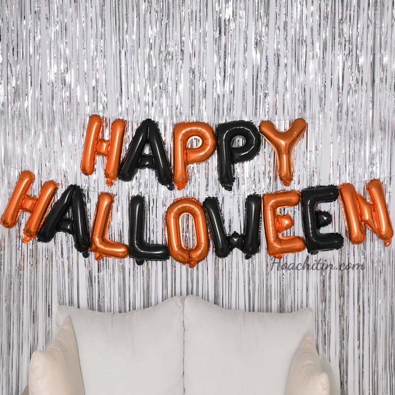 Halloween set bong bóng chữ Happy Halloween trang trí tiệc tặng kèm rèm kim tuyến