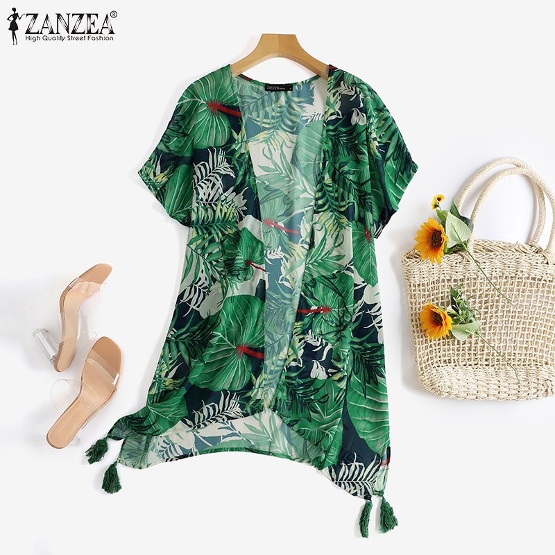 Áo khoác cardigan Zanzea tay cánh dơi cổ chữ V họa tiết hoa lá nhiệt đới hợp thời trang cho nữ