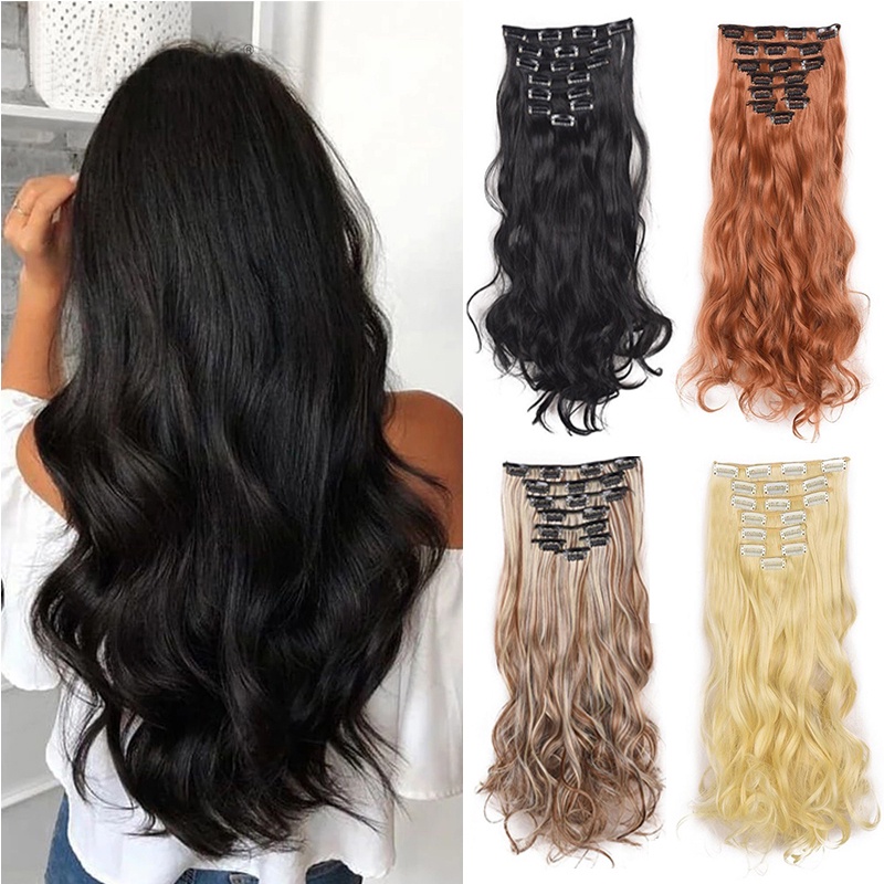 Bộ 8 Kẹp Tóc Giả Dài 17 Inch Xoăn Tự Nhiên Từ Sợi Tổng Hợp Thời Trang Dành Cho Nữ