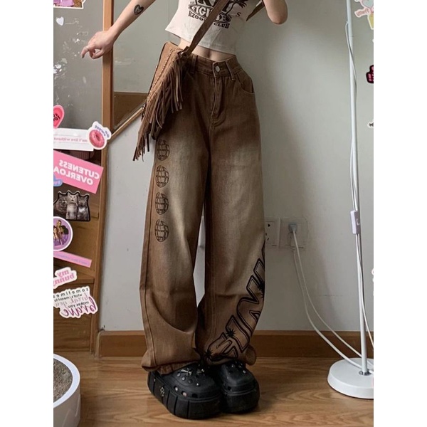 Quần bò nâu ống rộng loang cực chất ulzzang sẵn sz S
