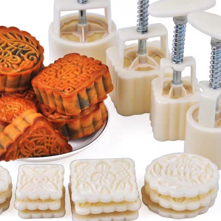 Dụng cụ khuôn làm bánh trung thu hình tròn vuông, Bộ Khuôn Làm Bánh Trung Thu 100g 6 Mặt Khuôn Hình Hoa,