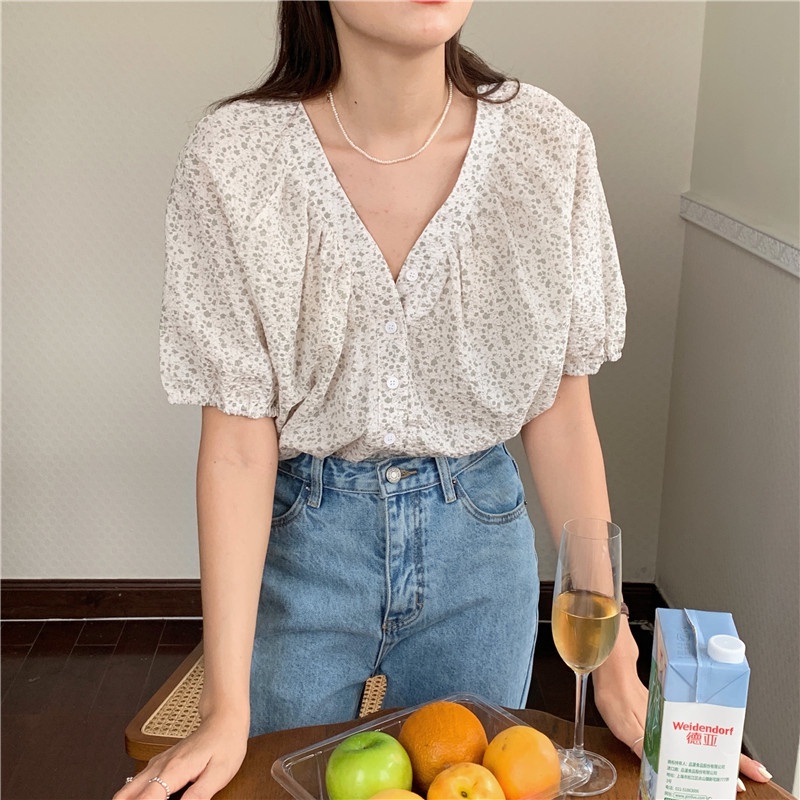 Áo Sơ Mi Tay Rộng In Hoa Phong Cách Hàn Quốc Thiết Kế Mới 44809