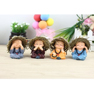 Bộ tượng 4 chú tiểu tứ không đeo dây chuỗi đội nón rơm