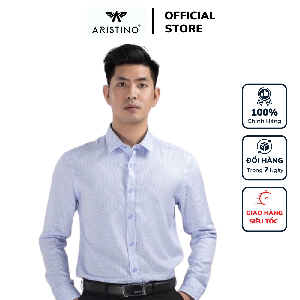 Áo sơ mi công sở nam dài tay Aristino màu xanh nhạt dệt xếp dọc dáng slim fit lượn tà chất liệu sợi sồi cao cấp ALS05308