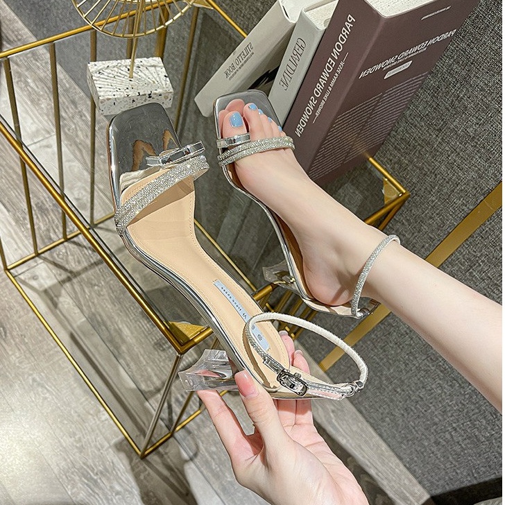 Giày sandal cao gót BBS35 mũi vuông, gót trong phối quai dây mảnh cao 9 cm