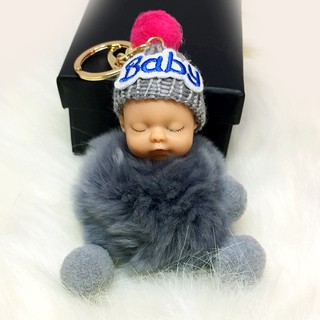Móc treo túi xách cục bông baby MiKi117 màu xám