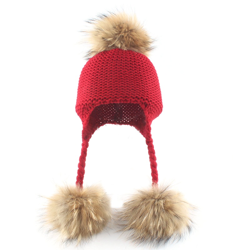 Mũ Beanie Dệt Kim Phối Lông Gấu Mèo 3 Màu Sắc Trơn Giữ Ấm Tai Thời Trang Thu Đông Cho Bé